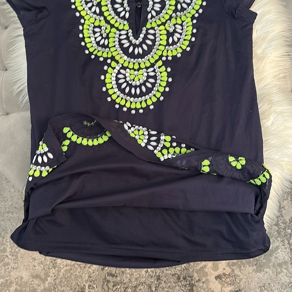 Beaded and Embroidered Accent Miami Tunic Dress Navy Blue and Line Green Sz S/M - Picture 5 of 5